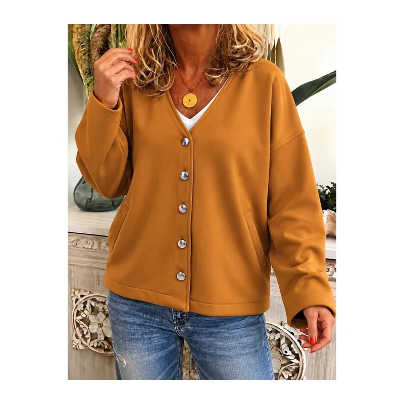 Kadın Düğme Detaylı V Yaka Oversize Camel Ceket / Hırka