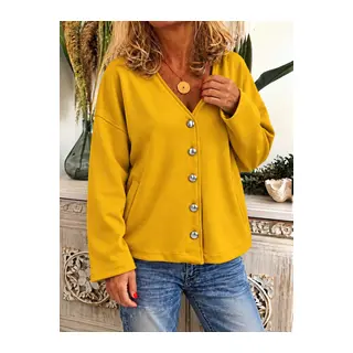 Kadın Düğme Detaylı V Yaka Oversize Hardal Sarısı Ceket / Hırka