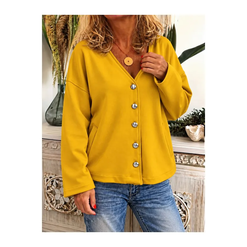 Kadın Düğme Detaylı V Yaka Oversize Hardal Sarısı Ceket / Hırka