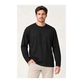 Erkek Modal Yumuşak Dokulu Bisiklet Yaka Uzun Kollu Tişört Sweatshirt - Siyah