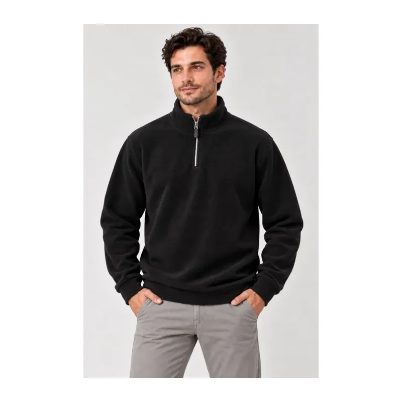 Erkek Polar Dik Yaka Yarım Fermuarlı Uzun Kollu Regular Fit Kışlık Sweatshirt - Siyah