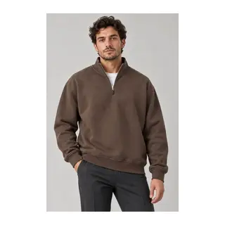 Erkek Üç İplik İçi Şardonlu Dik Yaka Yarım Fermuarlı Kışlık Sweatshirt - Kahverengi