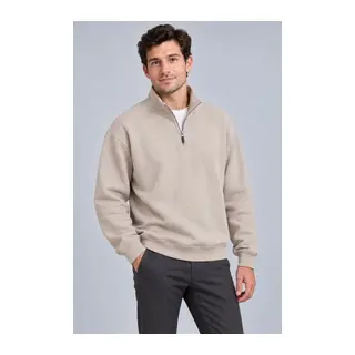 Erkek Üç İplik İçi Şardonlu Dik Yaka Yarım Fermuarlı Kışlık Sweatshirt - Bej