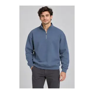 Erkek Üç İplik İçi Şardonlu Dik Yaka Yarım Fermuarlı Kışlık Sweatshirt - Mavi