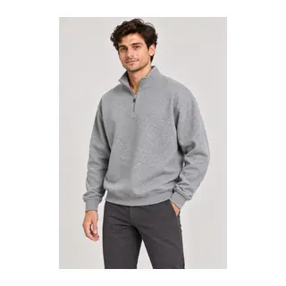 Erkek Üç İplik İçi Şardonlu Dik Yaka Yarım Fermuarlı Kışlık Sweatshirt - Grİ