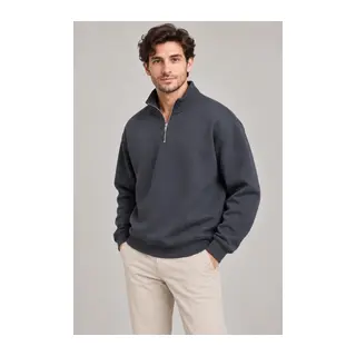 Erkek Üç İplik İçi Şardonlu Dik Yaka Yarım Fermuarlı Kışlık Sweatshirt - Füme