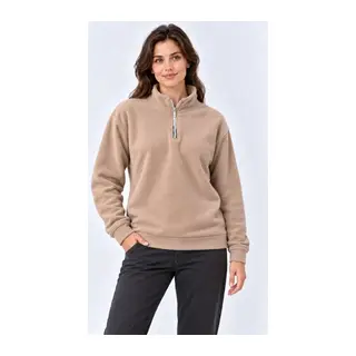 Polar Dik Yaka Yarım Fermuarlı Uzun Kollu Regular Fit Kışlık Sweatshirt - Bej