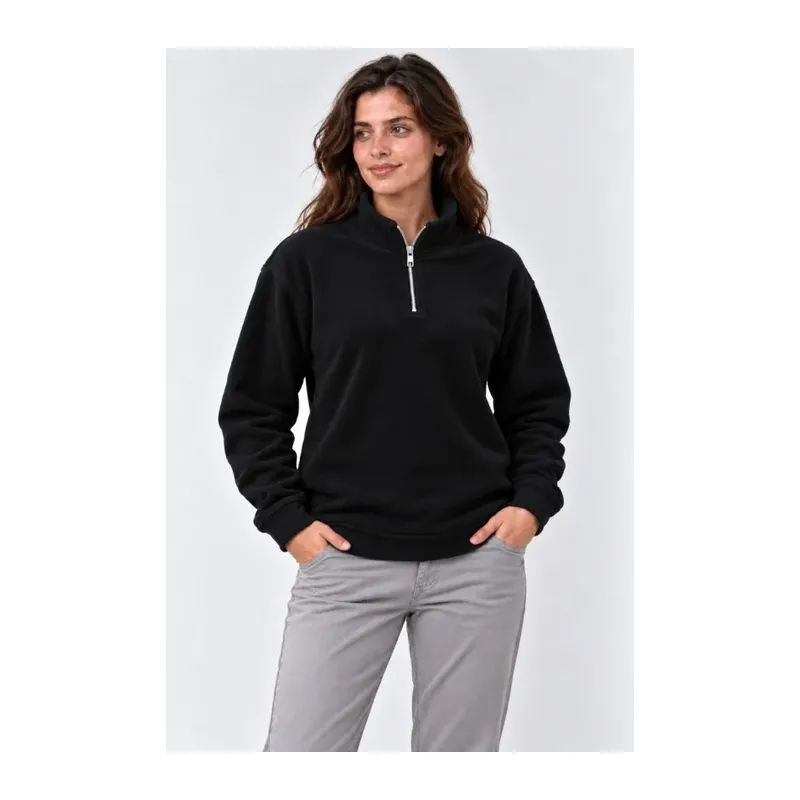 Polar Dik Yaka Yarım Fermuarlı Uzun Kollu Regular Fit Kışlık Sweatshirt - Siyah