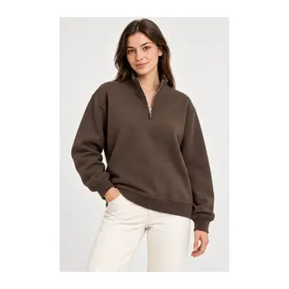 Üç İplik İçi Şardonlu Dik Yaka Yarım Fermuarlı Kışlık Sweatshirt - Kahverengi