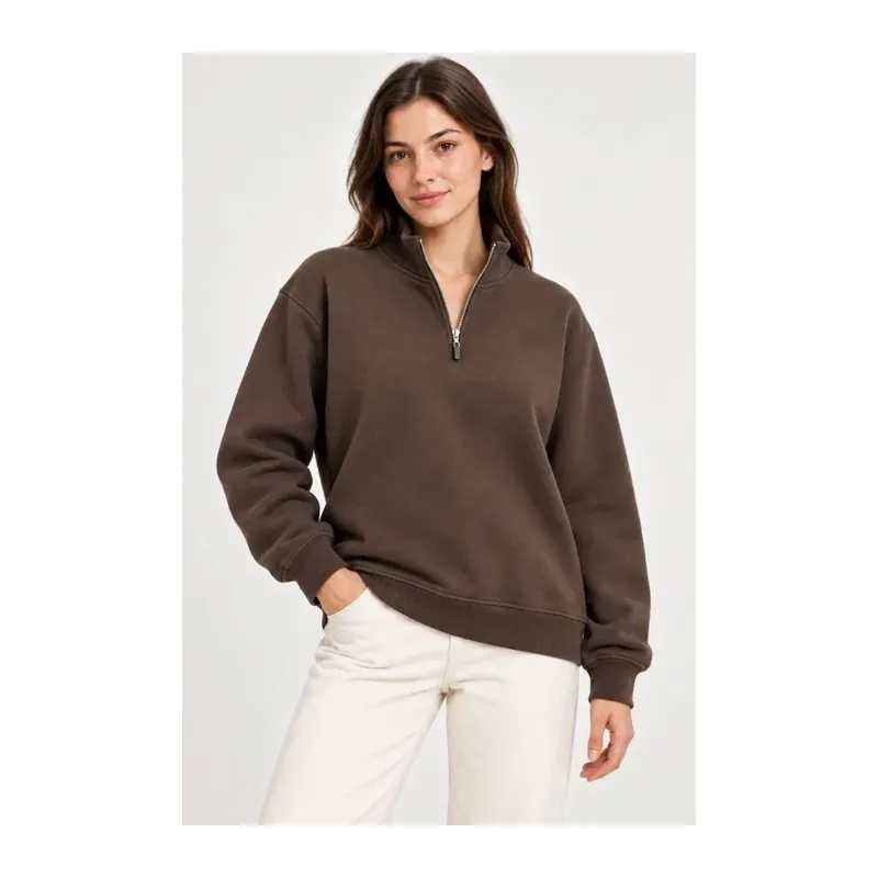 Üç İplik İçi Şardonlu Dik Yaka Yarım Fermuarlı Kışlık Sweatshirt - Kahverengi