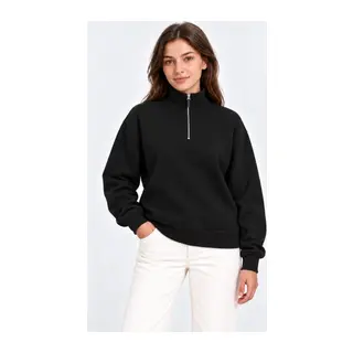 Üç İplik İçi Şardonlu Dik Yaka Yarım Fermuarlı Kışlık Sweatshirt - Siyah