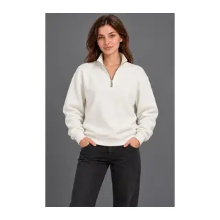 Üç İplik İçi Şardonlu Dik Yaka Yarım Fermuarlı Kışlık Sweatshirt - Beyaz