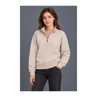 Üç İplik İçi Şardonlu Dik Yaka Yarım Fermuarlı Kışlık Sweatshirt - Bej