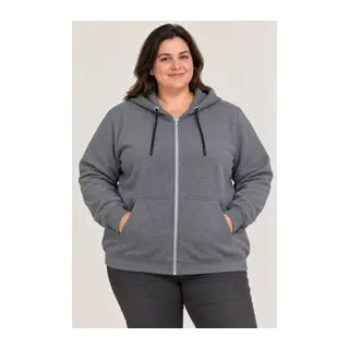 Battal Büyük Beden Üç İplik İçi Şardonlu Kapüşonlu Tam Fermuarlı Kışlık Sweatshirt - Füme