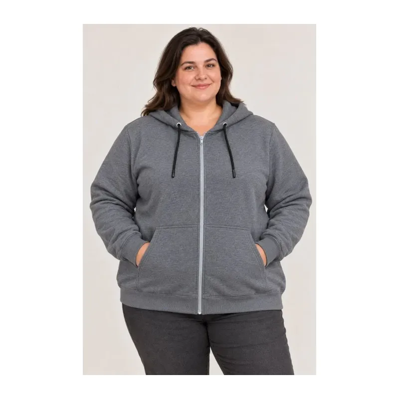 Battal Büyük Beden Üç İplik İçi Şardonlu Kapüşonlu Tam Fermuarlı Kışlık Sweatshirt - Füme