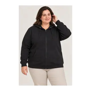 Battal Büyük Beden Üç İplik İçi Şardonlu Kapüşonlu Tam Fermuarlı Kışlık Sweatshirt - Siyah