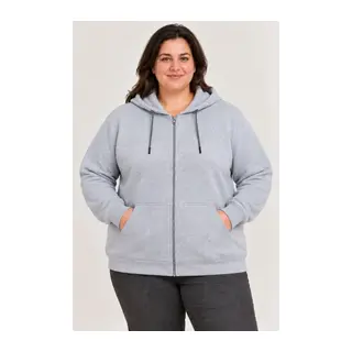 Battal Büyük Beden Üç İplik İçi Şardonlu Kapüşonlu Tam Fermuarlı Kışlık Sweatshirt - Gri