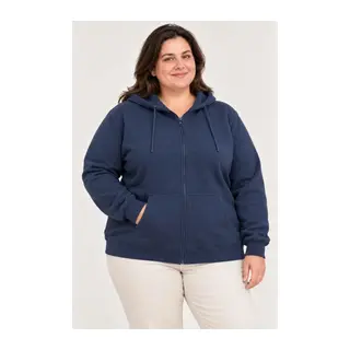 Battal Büyük Beden Üç İplik İçi Şardonlu Kapüşonlu Tam Fermuarlı Kışlık Sweatshirt - Lacivert