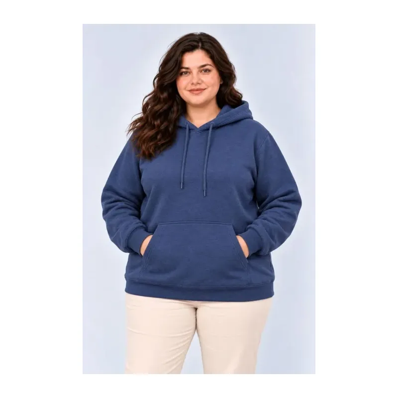 Battal Büyük Beden Üç İplik İçi Şardonlu Kapüşonlu Kanguru Cepli Kışlık Sweatshirt - Lacivert