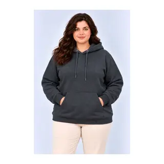 Battal Büyük Beden Üç İplik İçi Şardonlu Kapüşonlu Kanguru Cepli Kışlık Sweatshirt - Füme
