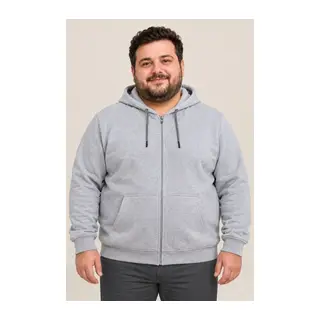 Erkek Battal Büyük Beden Üç İplik İçi Şardonlu Kapüşonlu Tam Fermuarlı Kışlık Sweatshirt - Gri