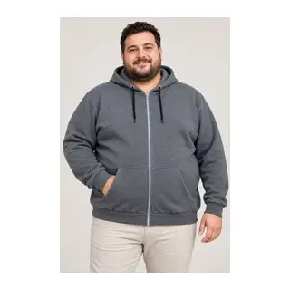 Erkek Battal Büyük Beden Üç İplik İçi Şardonlu Kapüşonlu Tam Fermuarlı Kışlık Sweatshirt - Füme