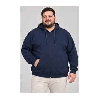 Erkek Battal Büyük Beden Üç İplik İçi Şardonlu Kapüşonlu Tam Fermuarlı Kışlık Sweatshirt - Lacivert
