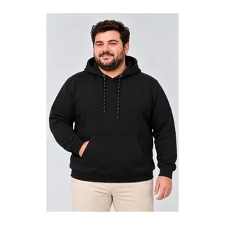 Erkek Battal Büyük Beden Üç İplik İçi Şardonlu Kapüşonlu Kanguru Cepli Kışlık Sweatshirt - Siyah