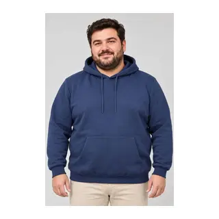 Erkek Battal Büyük Beden Üç İplik İçi Şardonlu Kapüşonlu Kanguru Cepli Kışlık Sweatshirt - Lacivert