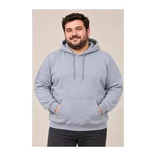 Erkek Battal Büyük Beden Üç İplik İçi Şardonlu Kapüşonlu Kanguru Cepli Kışlık Sweatshirt - Gri