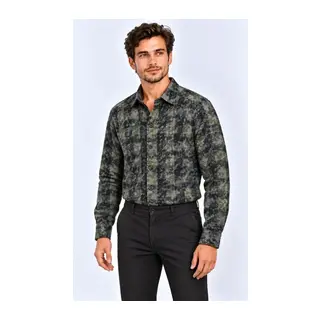 Erkek Ekose Kareli Batik Yıkamalı Şardonlu Uzun Kollu Regular Fit Oduncu Gömlek - Haki