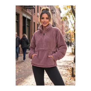 Kadın Yarım Fermuarlı Kanguru Cepli Peluş Wellsoft Sweatshirt