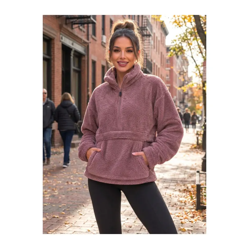 Kadın Yarım Fermuarlı Kanguru Cepli Peluş Wellsoft Sweatshirt