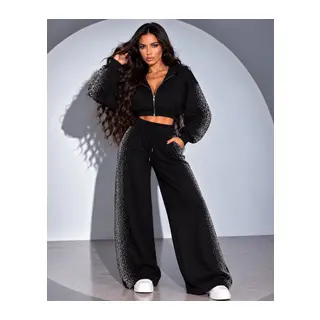 Kadın Taş Baskı Detaylı Fermuarlı Crop Sweatshirt Ve Geniş Paça Eşofman Takımı