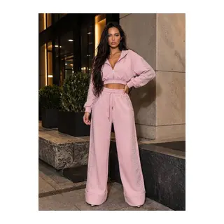 Kadın Taş Baskı Detaylı Fermuarlı Crop Sweatshirt Ve Geniş Paça Eşofman Takımı