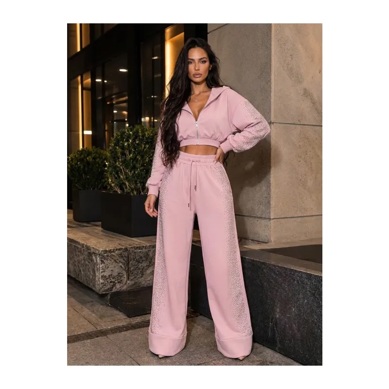 Kadın Taş Baskı Detaylı Fermuarlı Crop Sweatshirt Ve Geniş Paça Eşofman Takımı