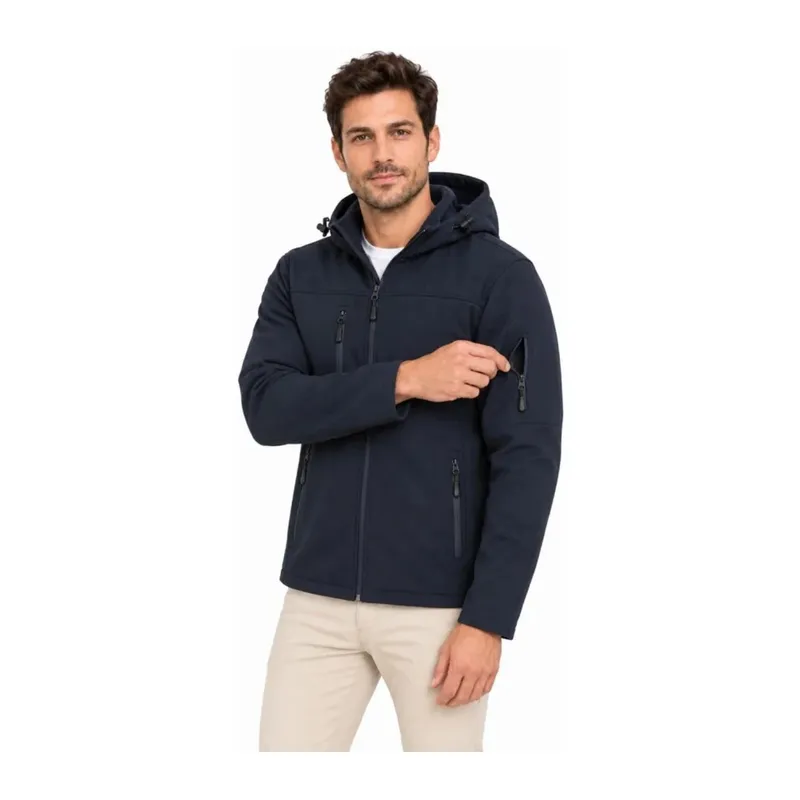 Erkek Su Geçirmez Softshell İçi Polar Astarlı Çıkarılabilir Kapüşonlu 4 Cepli Mont Ceket - Lacivert