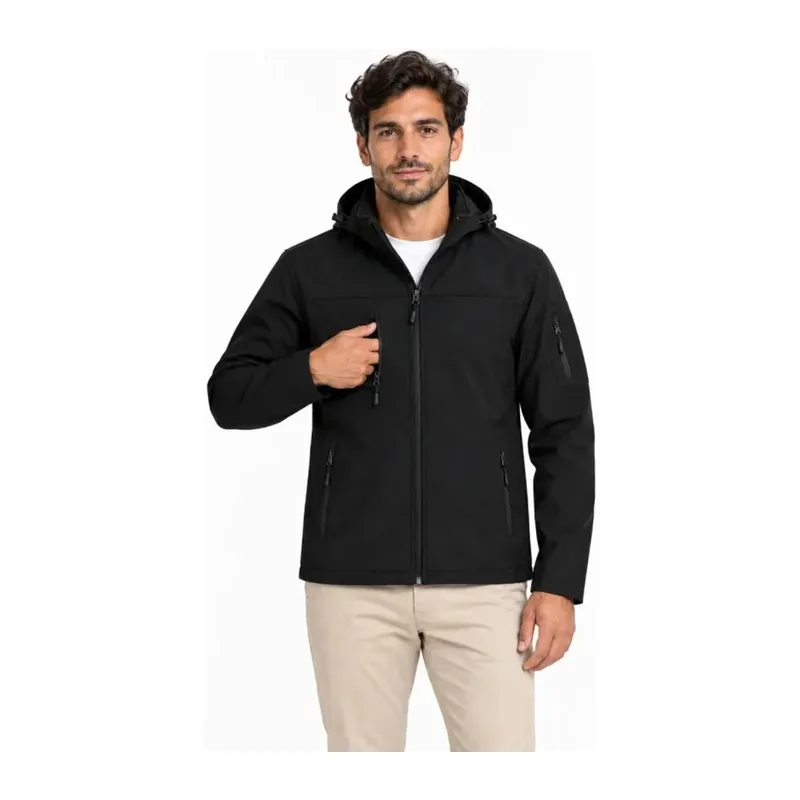 Erkek Su Geçirmez Softshell İçi Polar Astarlı Çıkarılabilir Kapüşonlu 4 Cepli Mont Ceket - Siyah