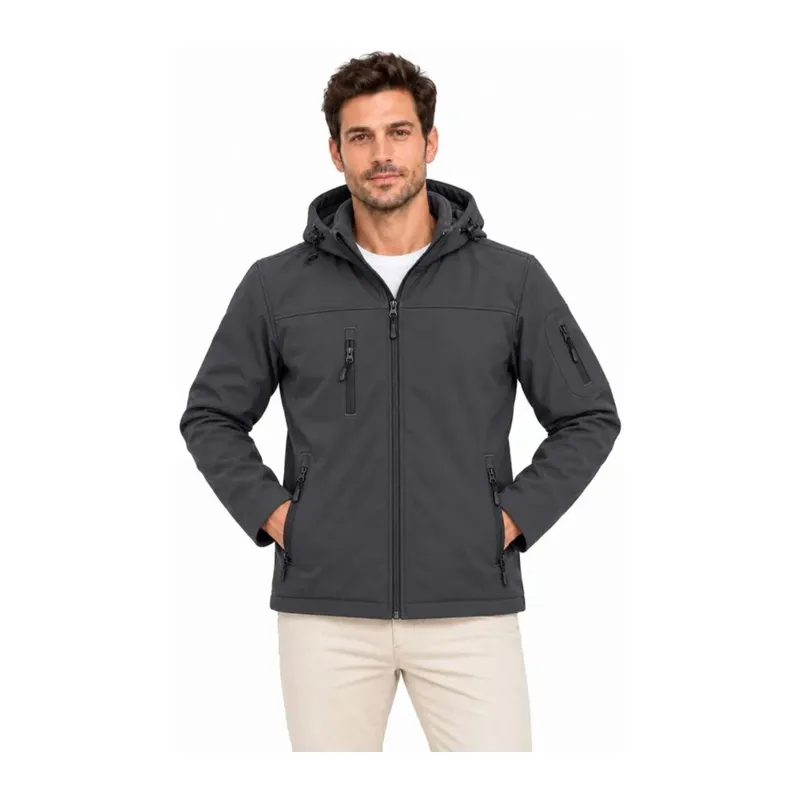 Erkek Su Geçirmez Softshell İçi Polar Astarlı Çıkarılabilir Kapüşonlu 4 Cepli Mont Ceket - Füme