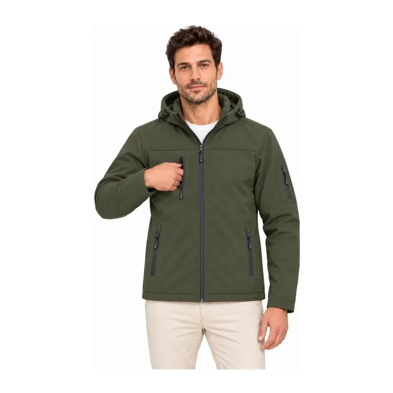 Erkek Su Geçirmez Softshell İçi Polar Astarlı Çıkarılabilir Kapüşonlu 4 Cepli Mont Ceket - Haki