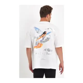 Erkek Melek Baskılı Oversize T-shirt - Beyaz