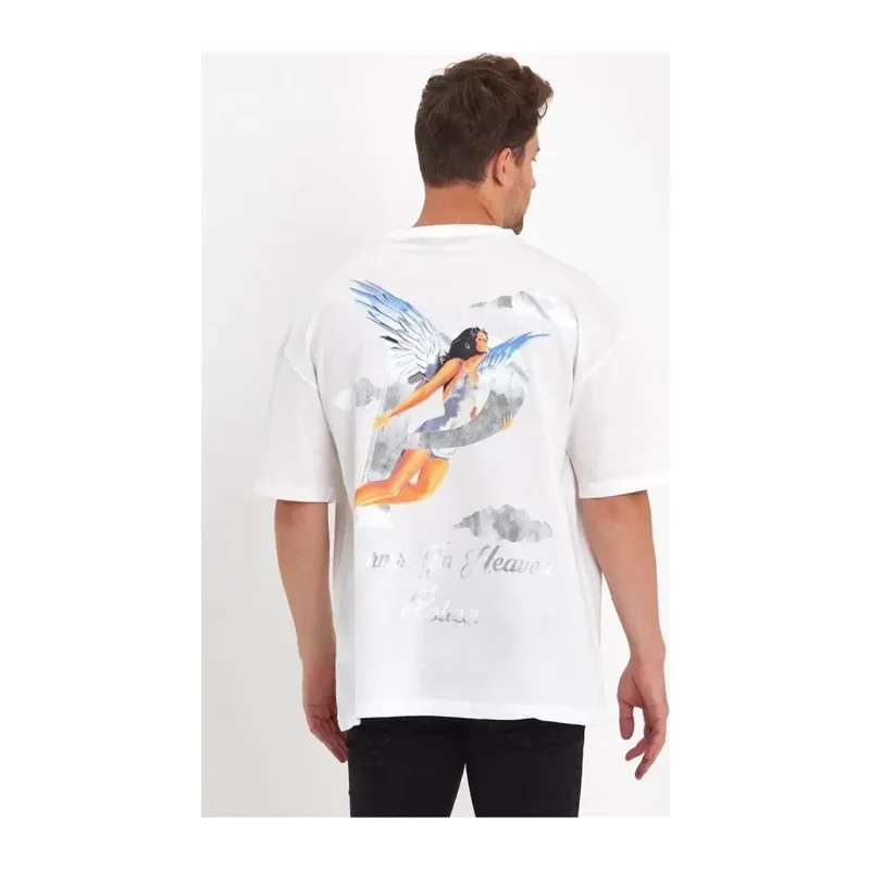 Erkek Melek Baskılı Oversize T-shirt - Beyaz