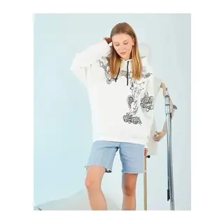 Kapüşonlu Strong Heykel Baskılı Sweatshirt - Beyaz