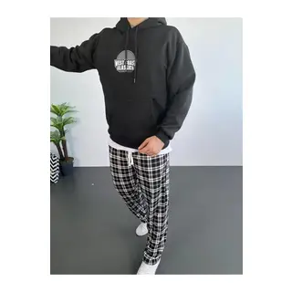 Erkek Sırt Baskılı Kapüşonlu Üç İplik Oversize Sweatshirt - Siyah
