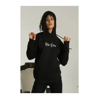 Sırt Baskılı Oversize Üç İplik Kapüşonlu Sweatshirt - Siyah
