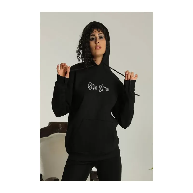 Sırt Baskılı Oversize Üç İplik Kapüşonlu Sweatshirt - Siyah