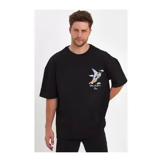 Erkek Melek Baskılı Oversize T-shirt - Siyah
