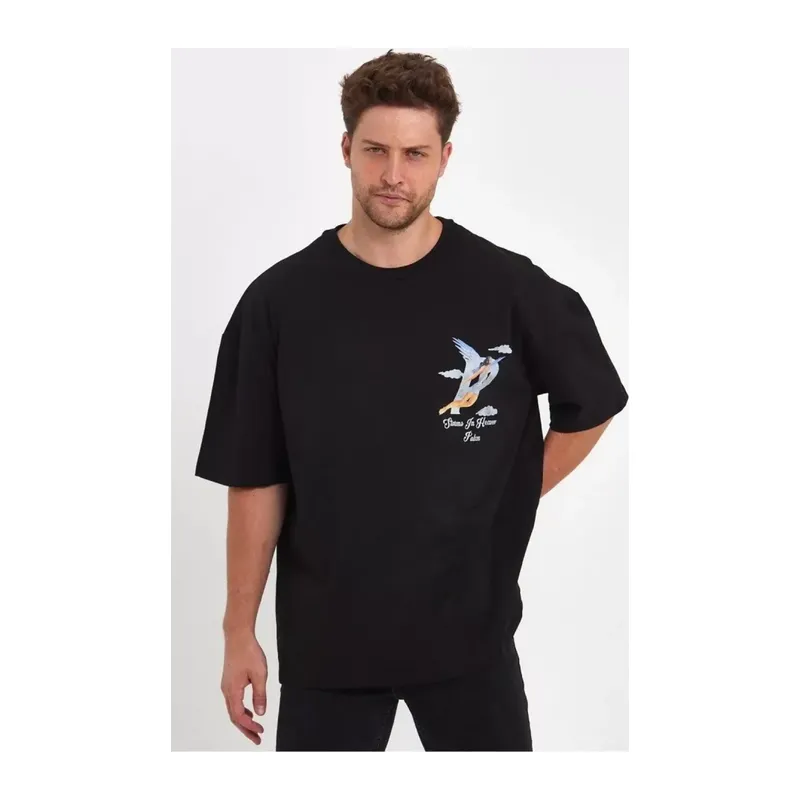 Erkek Melek Baskılı Oversize T-shirt - Siyah