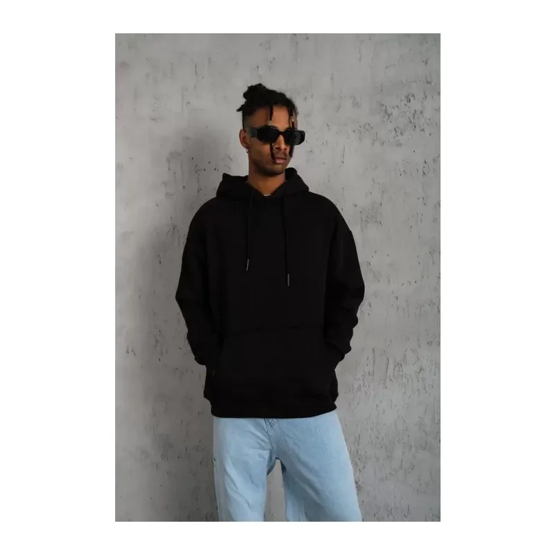 Erkek Düz Kapüşonlu Sweat - Siyah