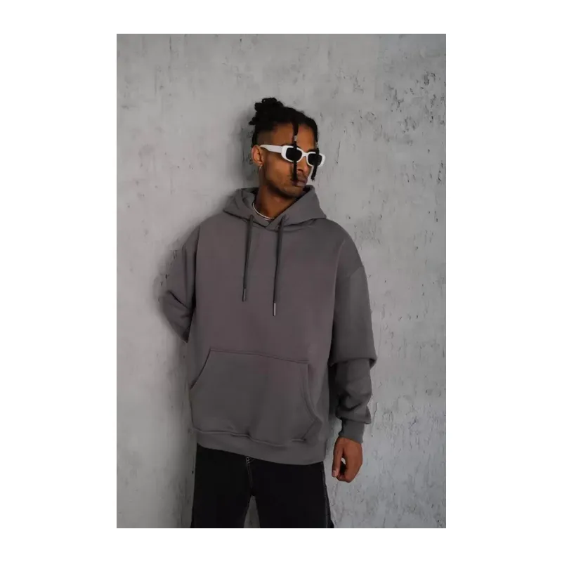 Erkek Düz Kapüşonlu Sweat - Gri